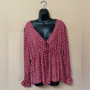 Shein Curve Babydoll V Neck Peasant Blouse‎ Size 2XL XXL Red Floral Puff Sleeve